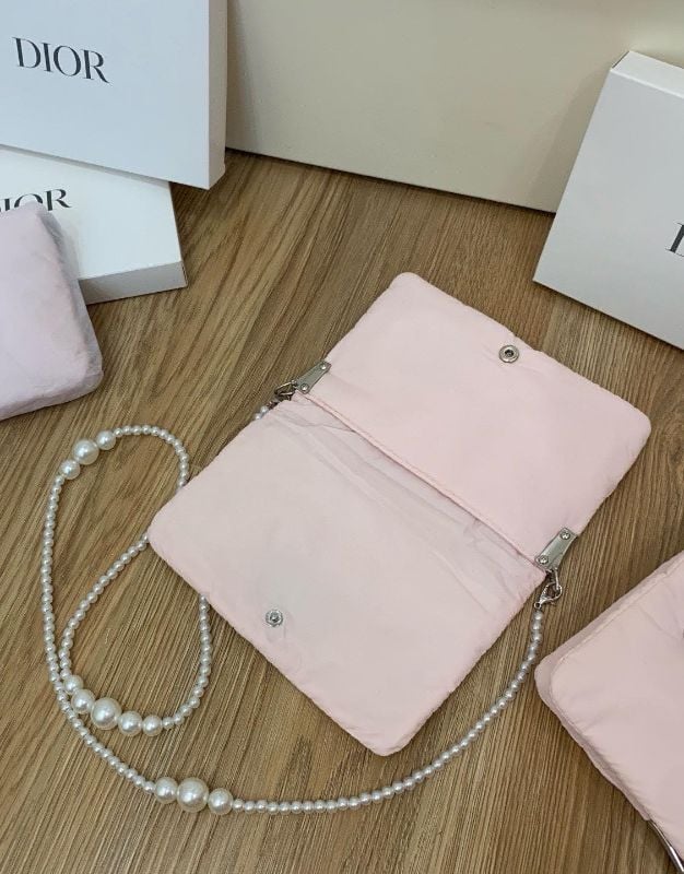 Dior Puffy Cosmetic Pouch with pearl chain