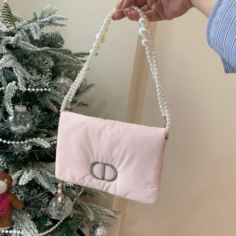 Dior Puffy Cosmetic Pouch with pearl chain