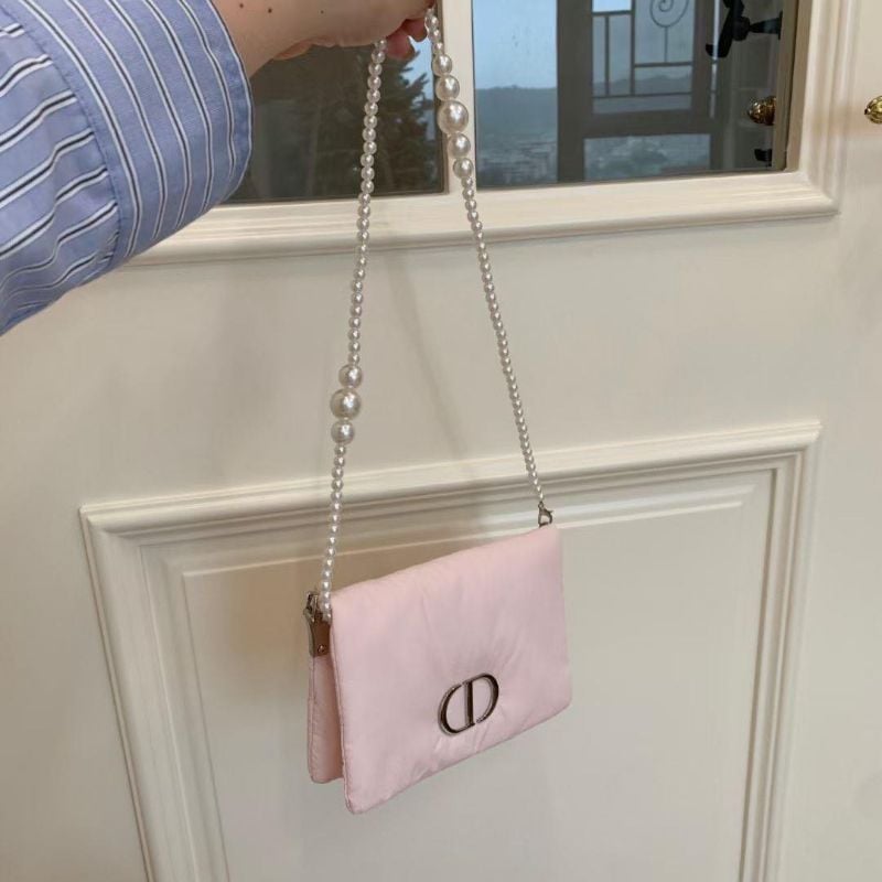 Dior Puffy Cosmetic Pouch with pearl chain