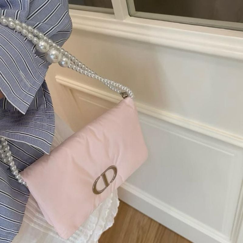 Dior Puffy Cosmetic Pouch with pearl chain