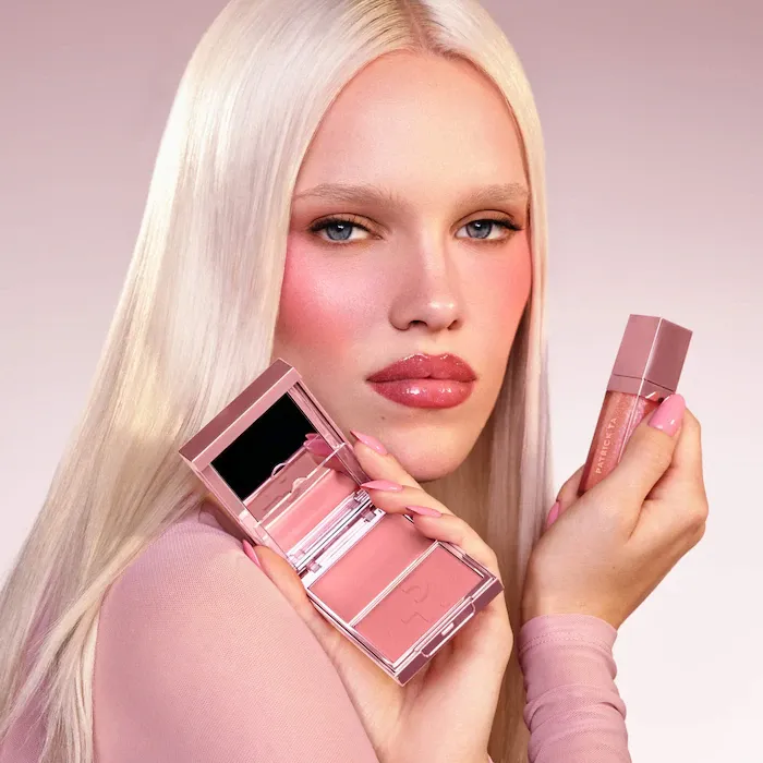 PATRICK TA 
Patrick's Glow and Gloss Set: Major Headlines Blush Duo and Plumping Lip Gloss Makeup Gift Set