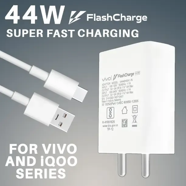 Vivo 44 W Quick Charge 4 A Wall Charger for Mobile with Detachable Cable  (44W Flash Charge For VIVO / iQOO With 8A, White, Cable Included)