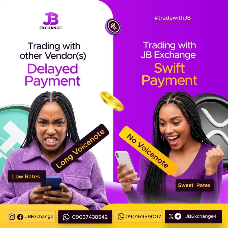Other vendors delay.
JB Exchange pays instantly.
Choose peace of mind today.
📞 09037438542 | 09016959007