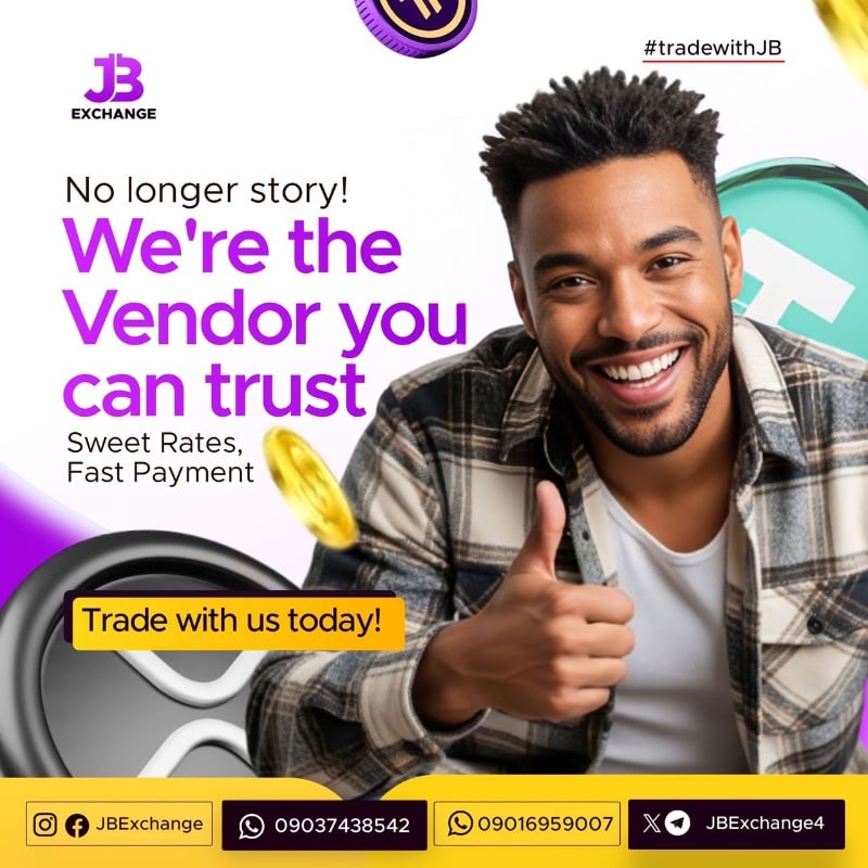 Trusted vendor. Sweet rates. Fast payout.
Trade with JB Exchange today.
📞 09037438542 | 09016959007
