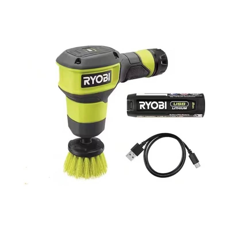 RYOBI FVG51 USB Lithium Compact Scrubber Kit with 2.0 Ah Battery, USB Charging Cord, and 2 in. Medium Bristle Brush