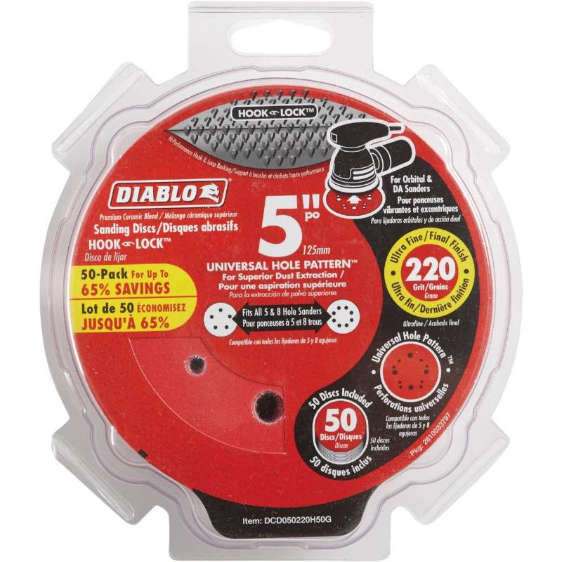 DIABLO SANDING DISK UNIVERSAL HOLE 5 Inch 220 GRIT