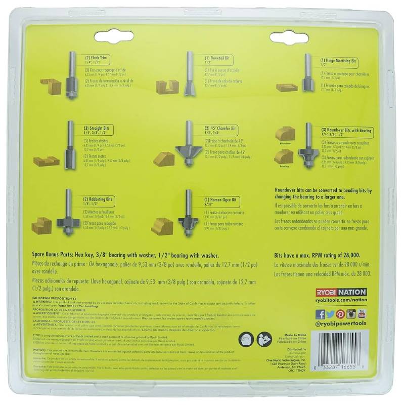 BITS - RYOBI ROUTER BIT SET 15 PC