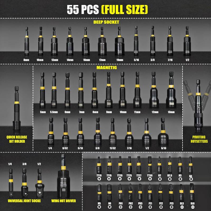 DRIVER SET - FACOOW IMPACT NUT DRIVER SET 1/4 DRIVE 55 PC TOOLS SET