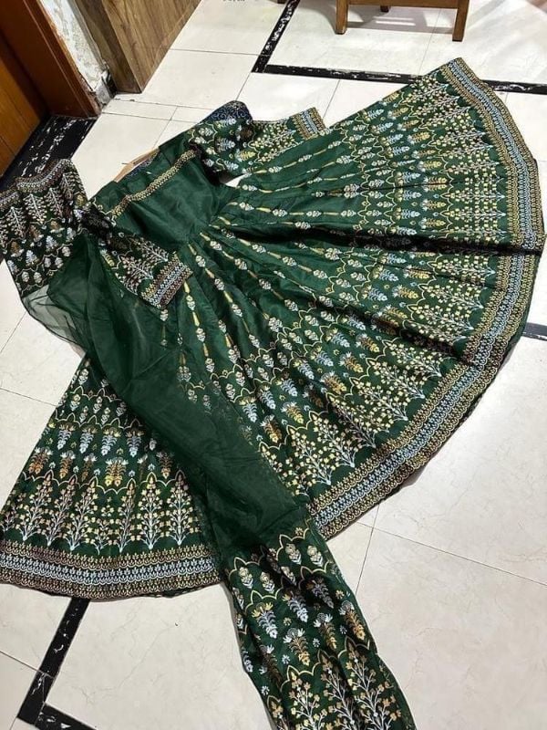 Three pcs Women's Stitched Silk  Embroidered Maxi Suit