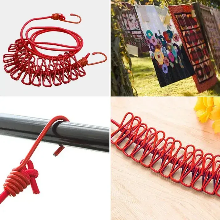 Portable Elastic Clothsline Rope with Clips - 12 Clip Clothsline