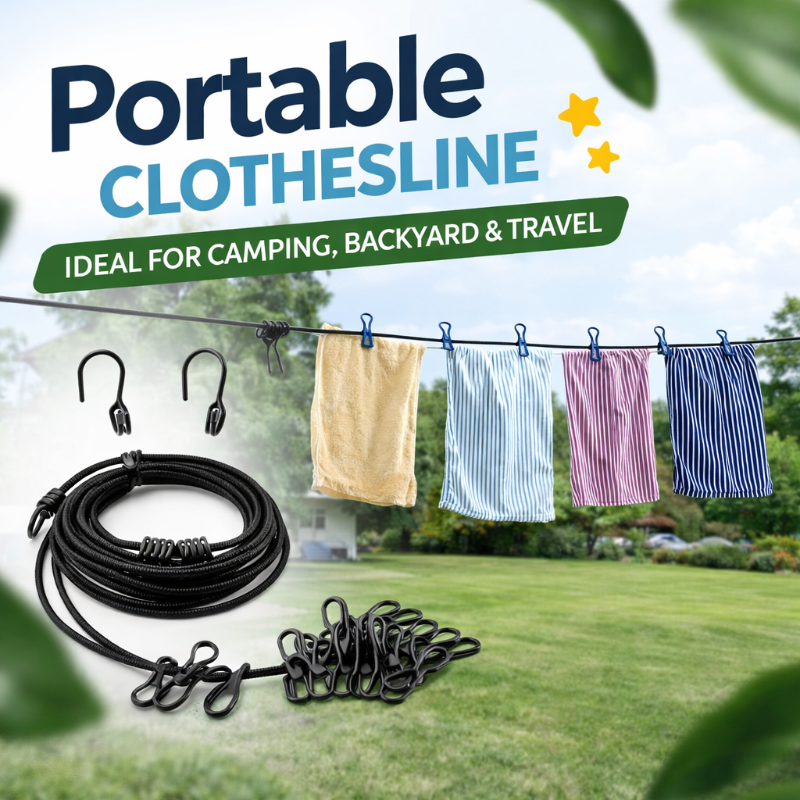 Portable Elastic Clothsline Rope with Clips - 12 Clip Clothsline