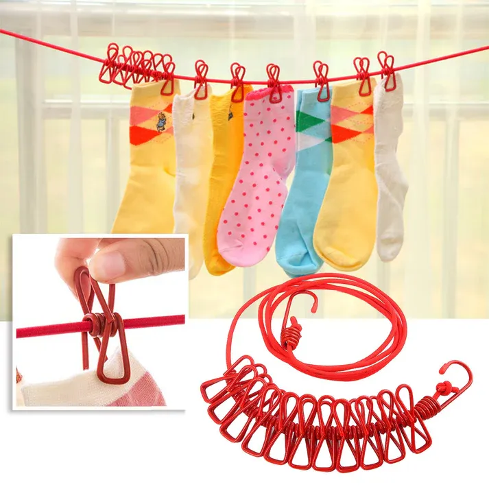 Portable Elastic Clothsline Rope with Clips - 12 Clip Clothsline
