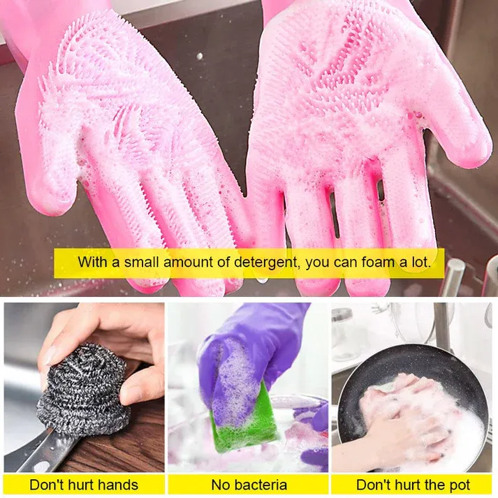 New Multipurpose Reusable Magic Silicone Dish Washing Gloves Pair