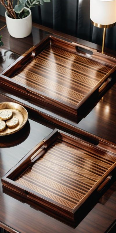 Luxury Wooden Serving Tray Set – Gloss Finish Geometric Design