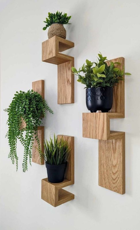 Modern Zig Zag Wooden Wall Shelf Set – Wall Mounted Decorative Shelves (Without Plants)