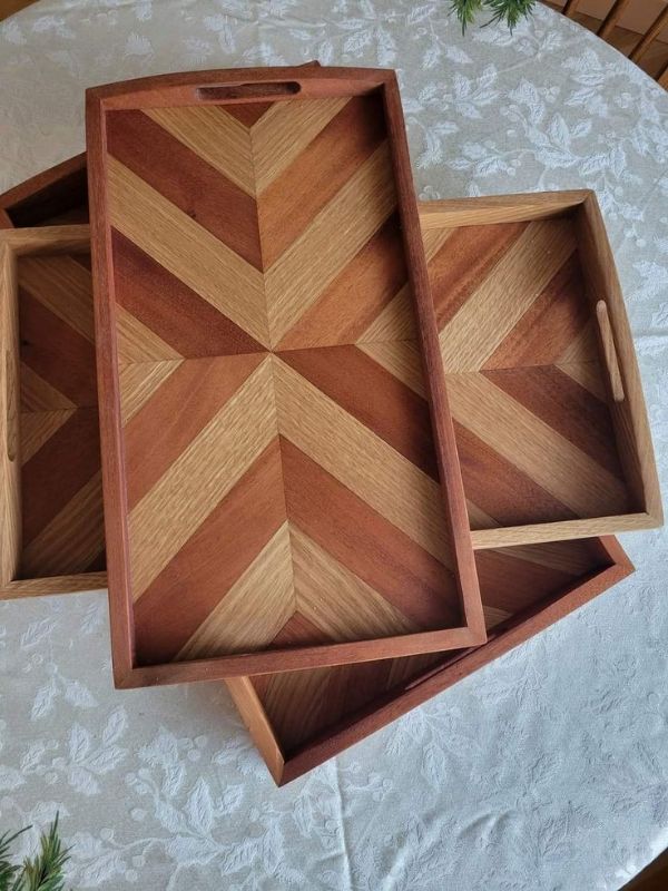 Handcrafted Wooden Serving Tray Set – Geometric Chevron Design