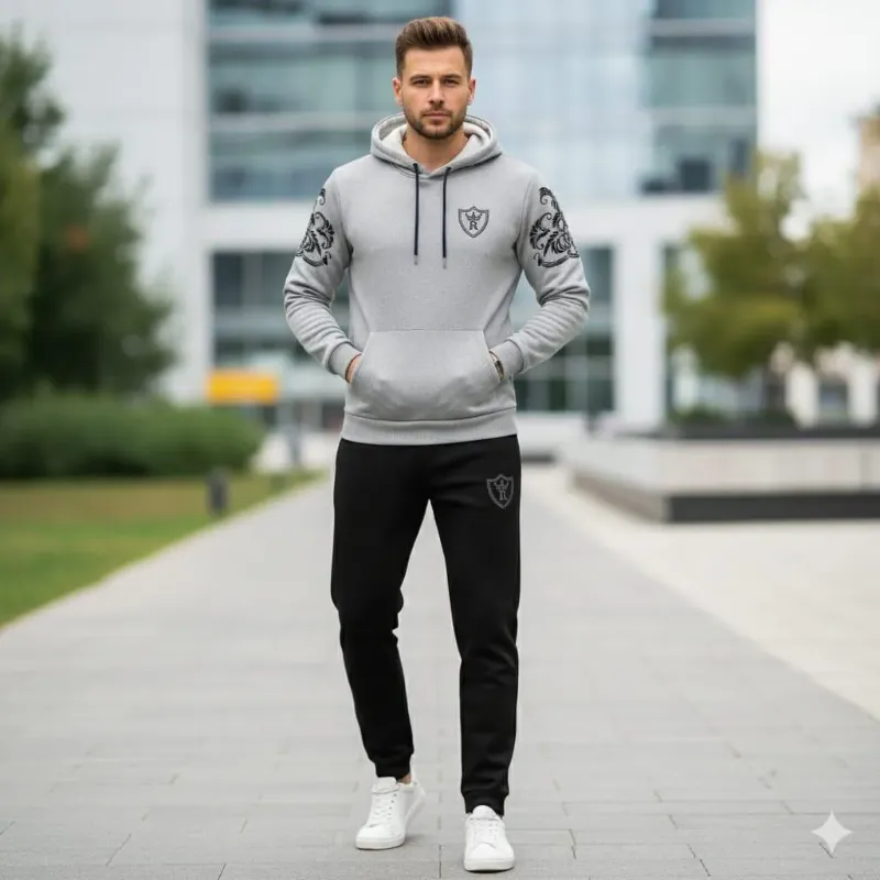 Royal Crest Grey & Black Printed Hoodie Track Suit