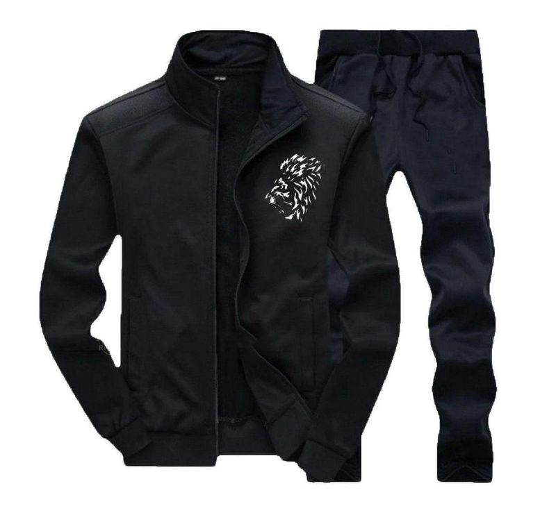 Men's Polyester Plain Zipper Track Suit - 2 Pcs Set in Black