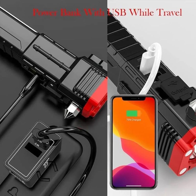 High-power Led Torch Light Rechargeable Flashlight And Multifunctional Tactical Hammer & Power Bank To Charge the Phone With Box