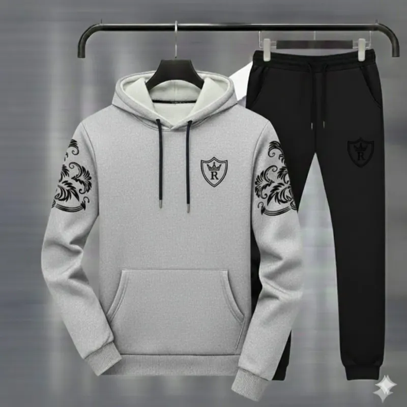 Royal Crest Grey & Black Printed Hoodie Track Suit