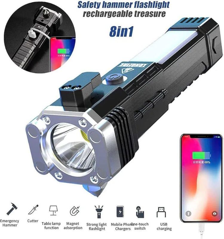 High-power Led Torch Light Rechargeable Flashlight And Multifunctional Tactical Hammer & Power Bank To Charge the Phone With Box