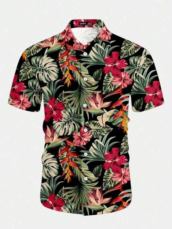 Men's black and red floral breeze button down shirt