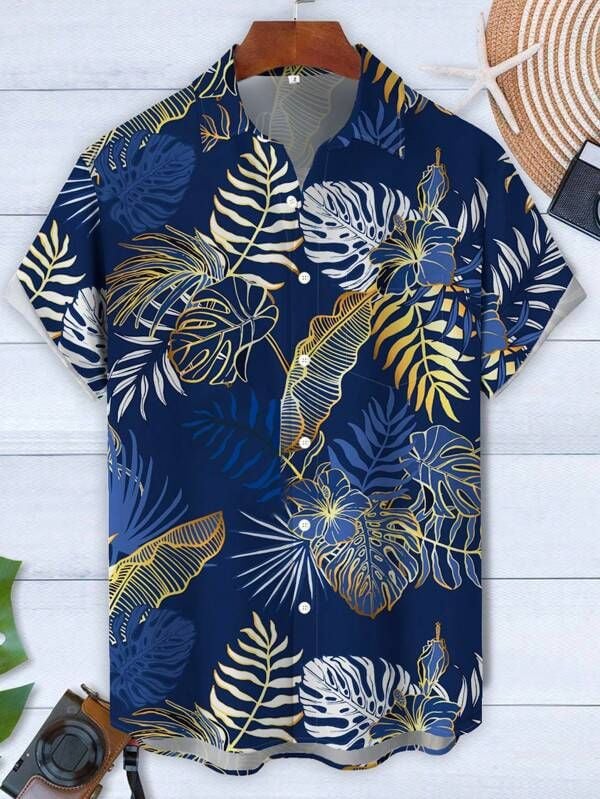 Blue and gold floral button down shirt