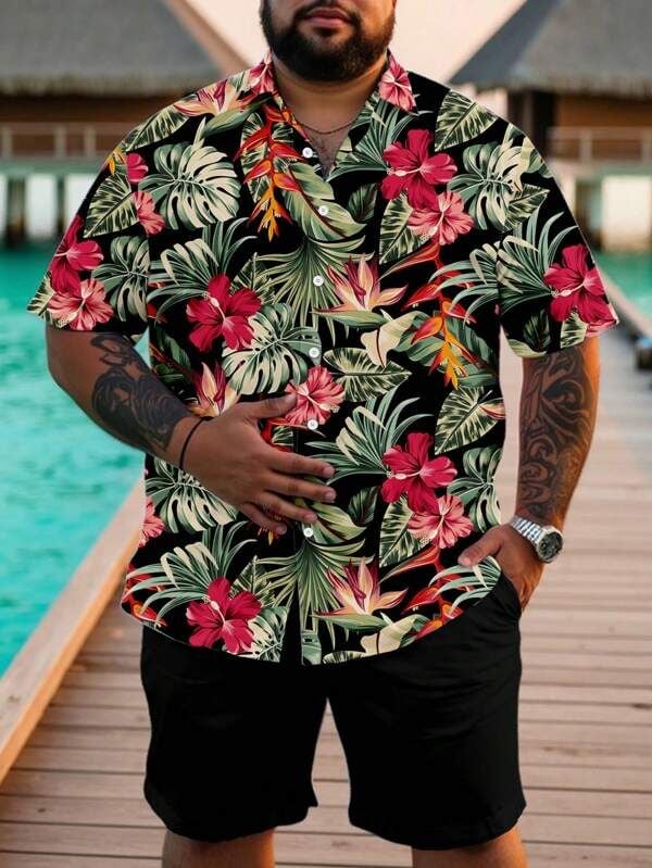 Men's black and red floral breeze button down shirt