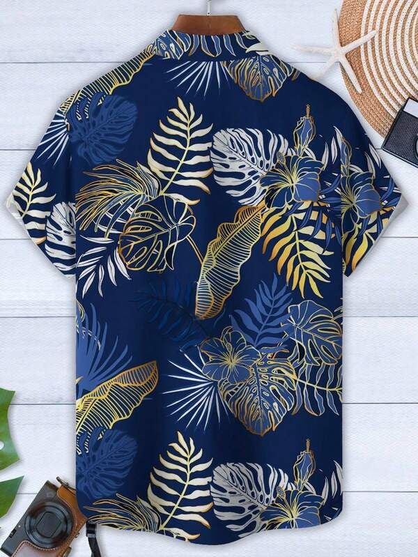 Blue and gold floral button down shirt