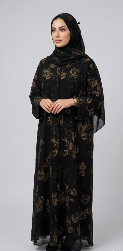 Elegant Golden Flora Double-Layered Indonesian Chiffon Abaya