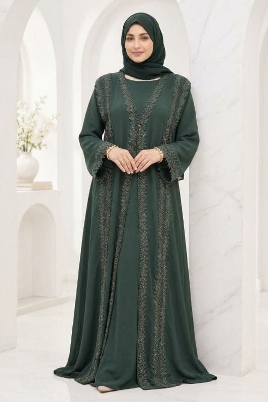 Emerald Green Open Type Chiffon Abaya with Gold Lace Trim & Matching Sheila