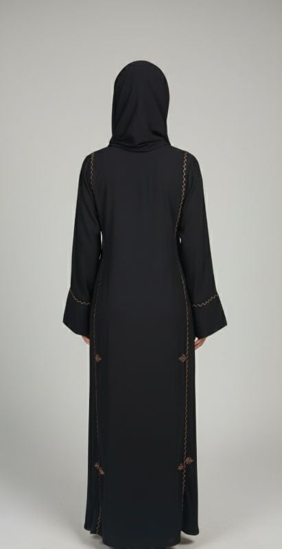 Embroidered Grace: Black Abaya with Delicate Bronze Detailing.