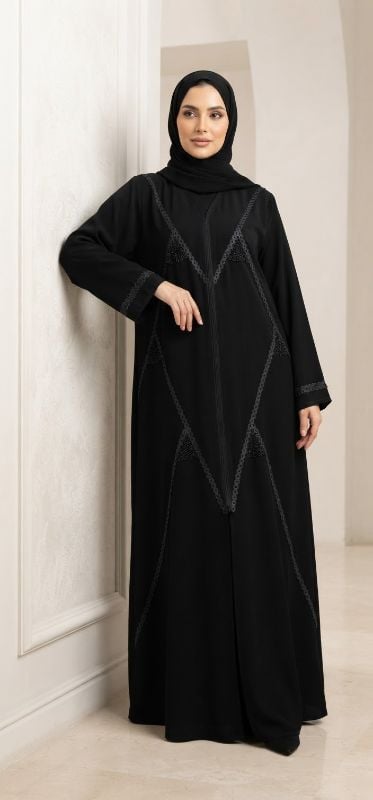 Exquisite Black Korean Crepe Abaya | Premium Modest Emirati-Style Design with Intricate Lacework & Stone Detailing