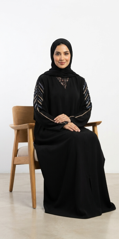 Exquisite Feather-Beaded Saudi Fabric Black Abaya with V-Neck & Lace Insert