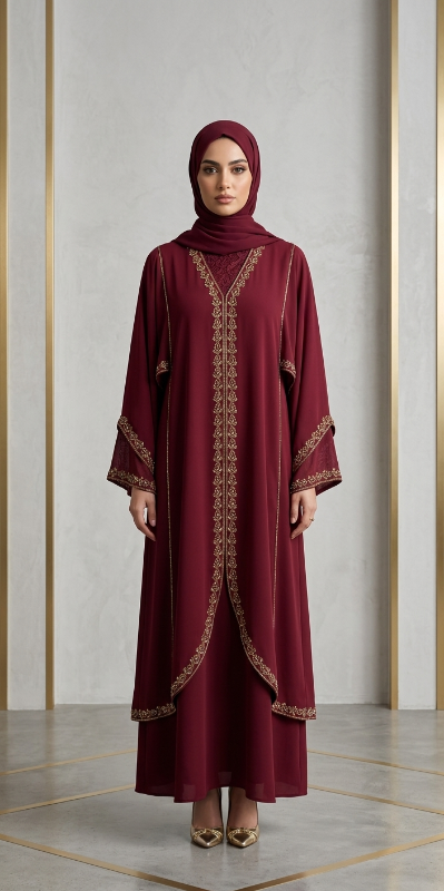 Royal Burgundy Butterfly Abaya with Intricate Gold Embroidery