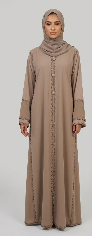 ​Noura Taupe Layered Abaya – Chiffon & Nidha Blend with Intricate Beaded Embroidery