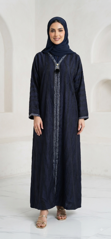 Elegant Navy Blue Open Abaya with Intricate Front Embellishment