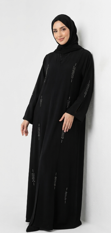 Luxury Korean Crepe Silver Stone Embellished Black Abaya