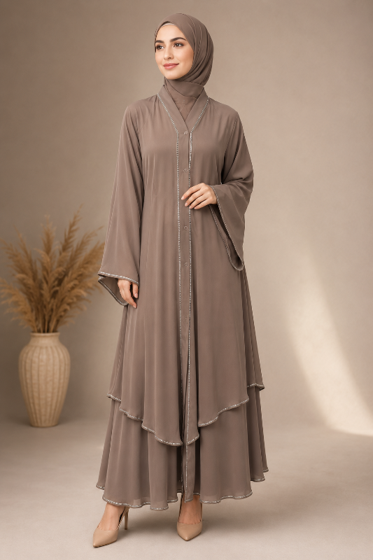Elegant Tiered Abaya in Mocha – Indonesian Chiffon & Premium Nidha