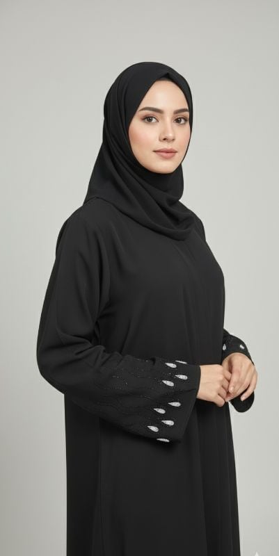 The Crystal Drip Abaya: Cascading Elegance in Black Nidha