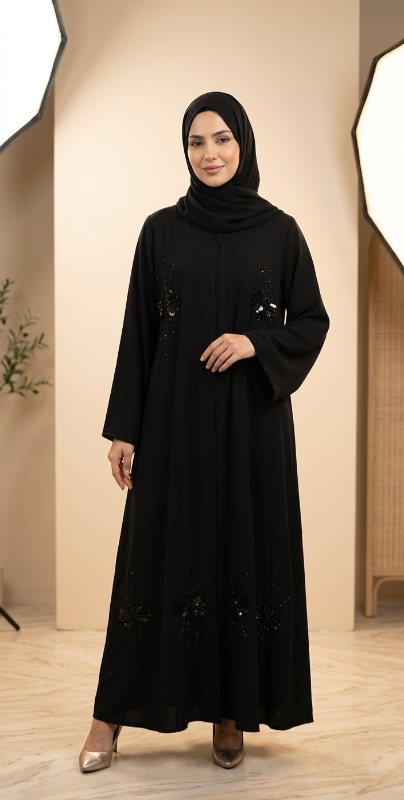 Midnight Petal Embroidered A-Line Abaya - Premium Korean Crepe
