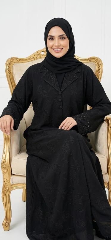 Premium Blazer-Cut Elegant Black Abaya in Korean Fikr Fabric | Buy Online Muscat