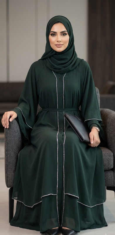 Emerald Green Button-Down Layered Abaya – Elegant Modest Evening Wear