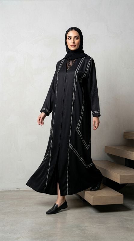 Black Nidha Abaya with White Embroidery – Elegant & Breathable Premium Design