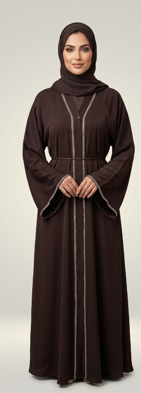 Elegant Brown Harudh Masudh Umbrella Cut Abaya with Silver Beaded Trim