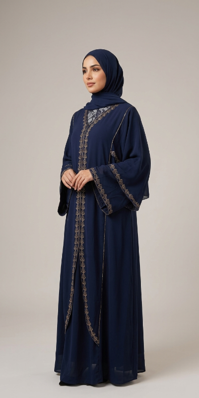 Royal Navy Blue Butterfly Abaya with Intricate Gold Embroidery