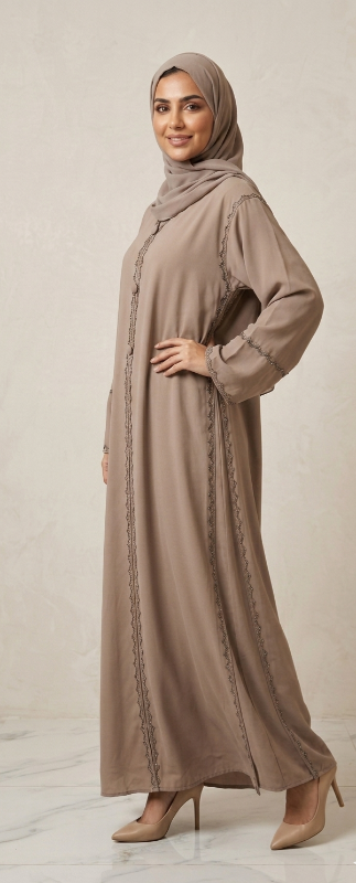 ​Noura Taupe Layered Abaya – Chiffon & Nidha Blend with Intricate Beaded Embroidery