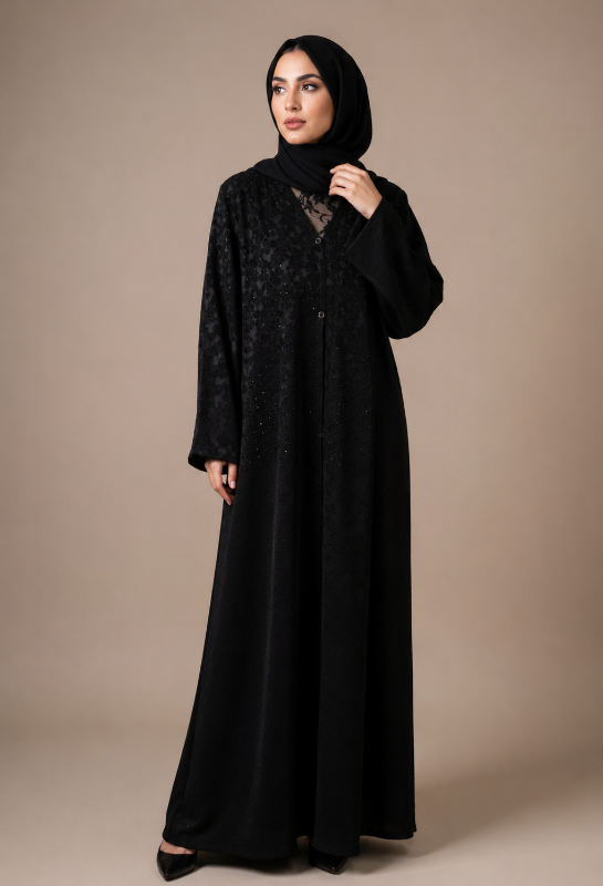 Onyx Bloom Jacquard Abaya – Premium Embossed Floral Texture with Subtle Crystal Embellishments