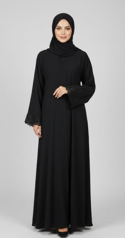 Midnight Lattice Black Abaya with Detailed Lace Cuffs