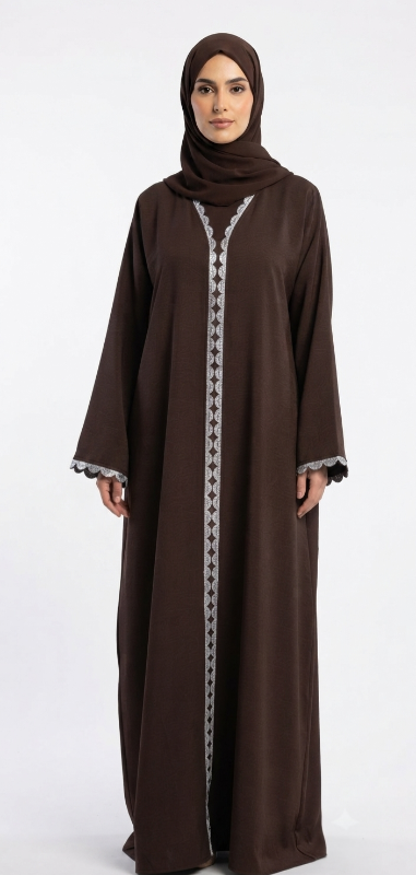 Luxury Marble Crush Abaya with Silver Scalloped Trim - Elegant Modest Fashion
